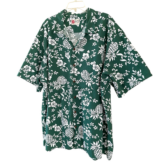 HILO HATTIE Men's Size 4XL Green Button-Up Short Sleeve Hawaiian Aloha Shirt - Picture 5 of 5